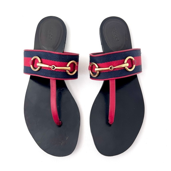 GUCCIHorsebit Red Blue Web Stripe Black Leather Thong Sandal Flat EU 39 US 9